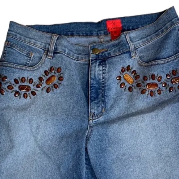 NWT: V Cristina Capri Jeans medium wash Beaded Jeweled details women’s size 14 - Picture 2 of 6